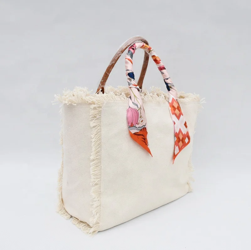 

High Quality Wholesale hot selling summer Vintage Scarves Handle canvas women handbag Shopping Bag