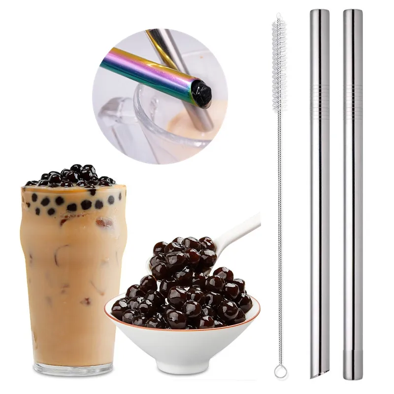 

Big Diameter 12mm Boba Tea Metal Reusable Drinking Inox Straws with Brush, Customized