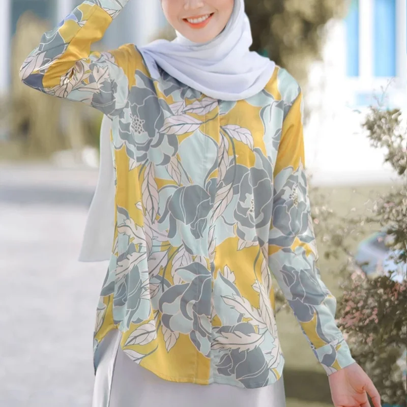

French vintage print shirt spring summer 2021 long sleeve lapel shirt Women Blouse, Picture color