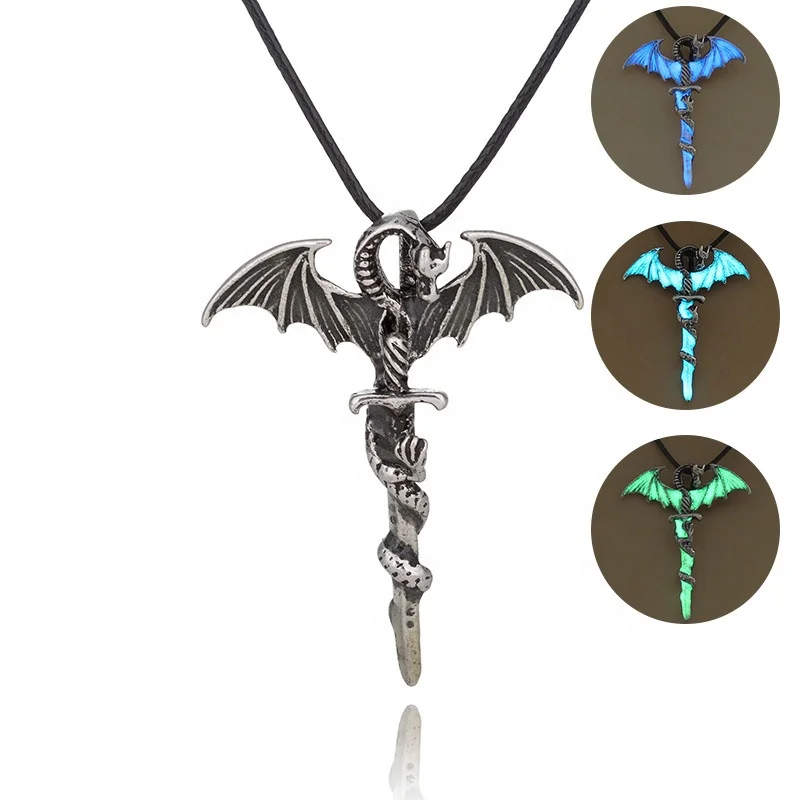 

Hot Sale Vintage Glow in the Dark Fly Dragon Necklaces Luminous Cross Sword Dragon Pendant Necklace For Men Punk Jewelry