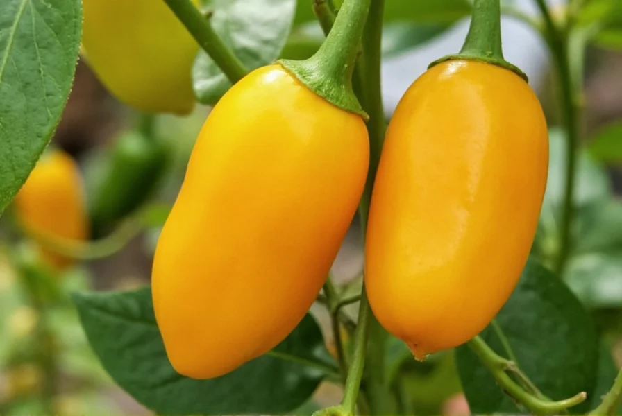 Close-up photograph of fresh mirasol peppers growing on plant, showing their distinctive upward orientation and vibrant yellow-orange color