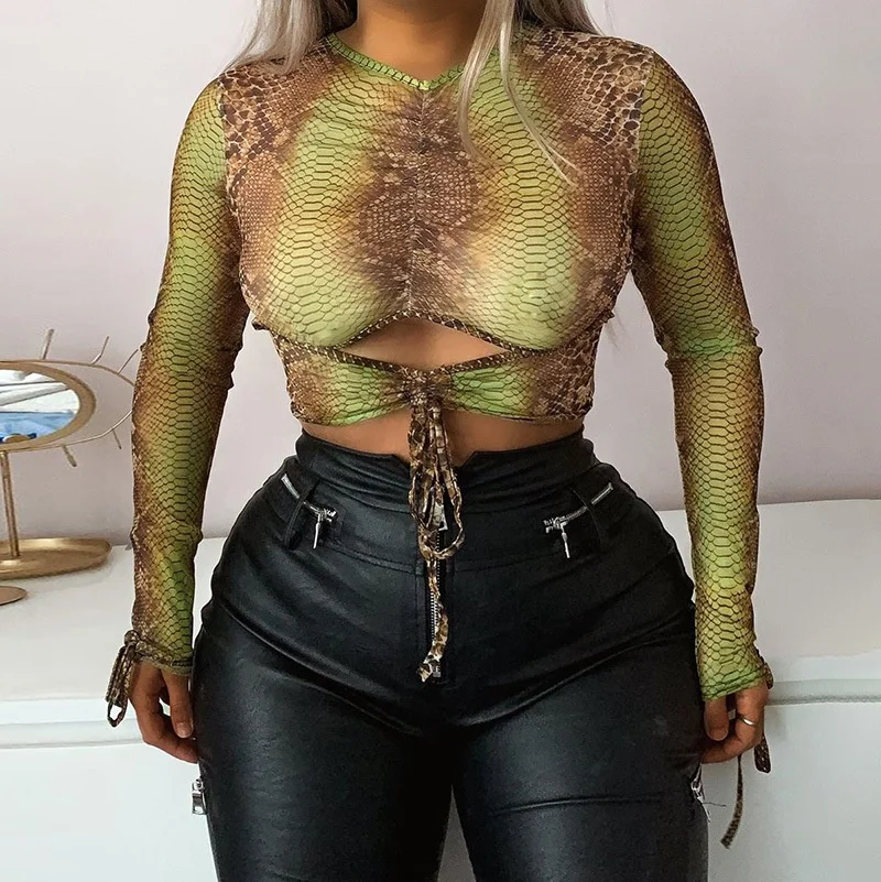

B63200A European and American fashionable long-sleeved crop top new sexy hollow out slim T-shirt