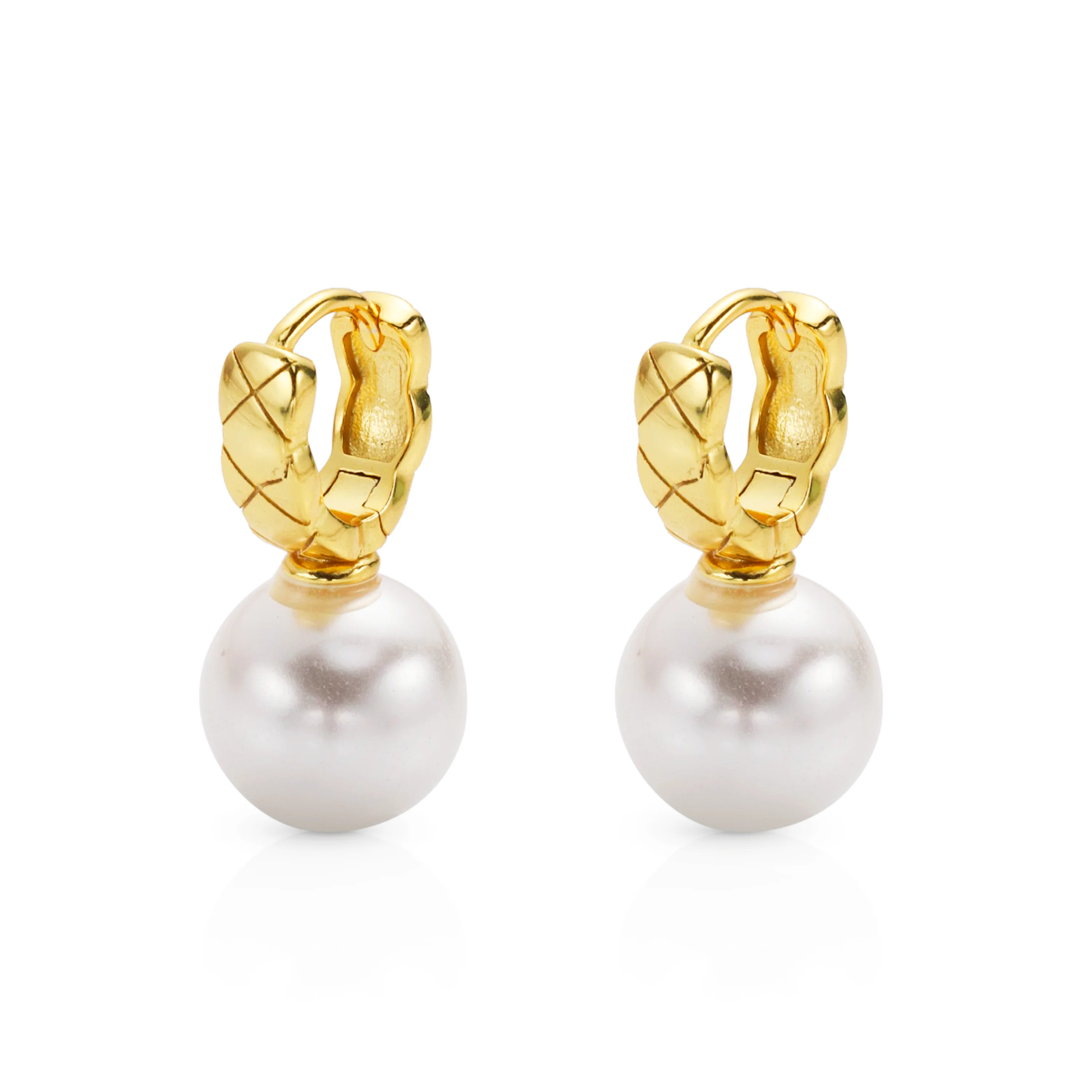 

Chris April fine jewelry 18k gold plated 925 sterling silver minimalist huggies drop 12mm shell pearl earrings