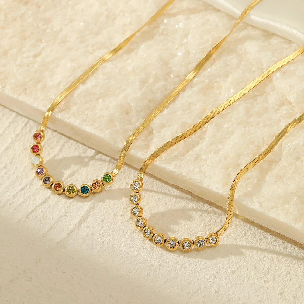 

Ins Temperament Stainless Steel Jewelry Waterproof 18K Gold Plated Flat Snake Chain Inlaid Colorful Zircon Necklace YF3215