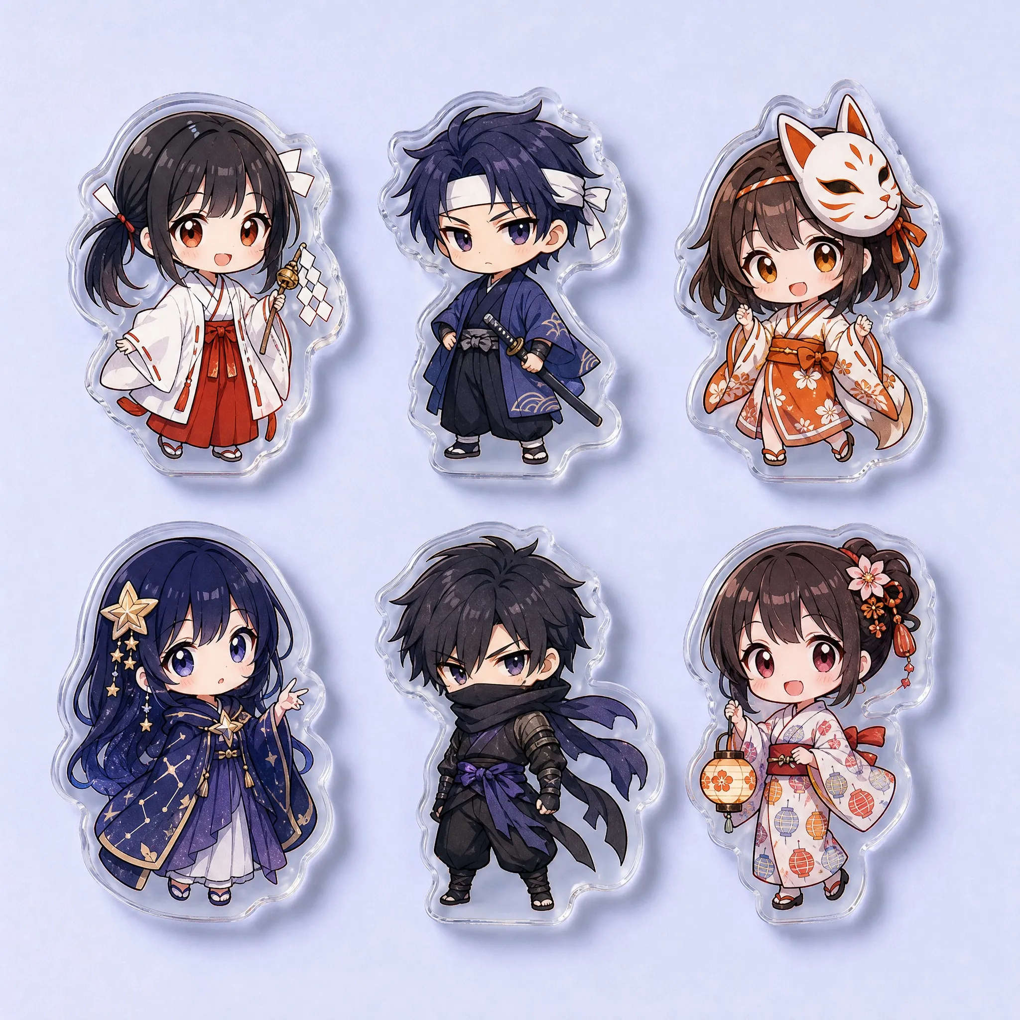 6 Anime Chibi Character Acrylic Phone Grips: Miko, Blue Samurai, Kitsune Girl, Starlight Mage, Shadow Ninja, Yukata Girl