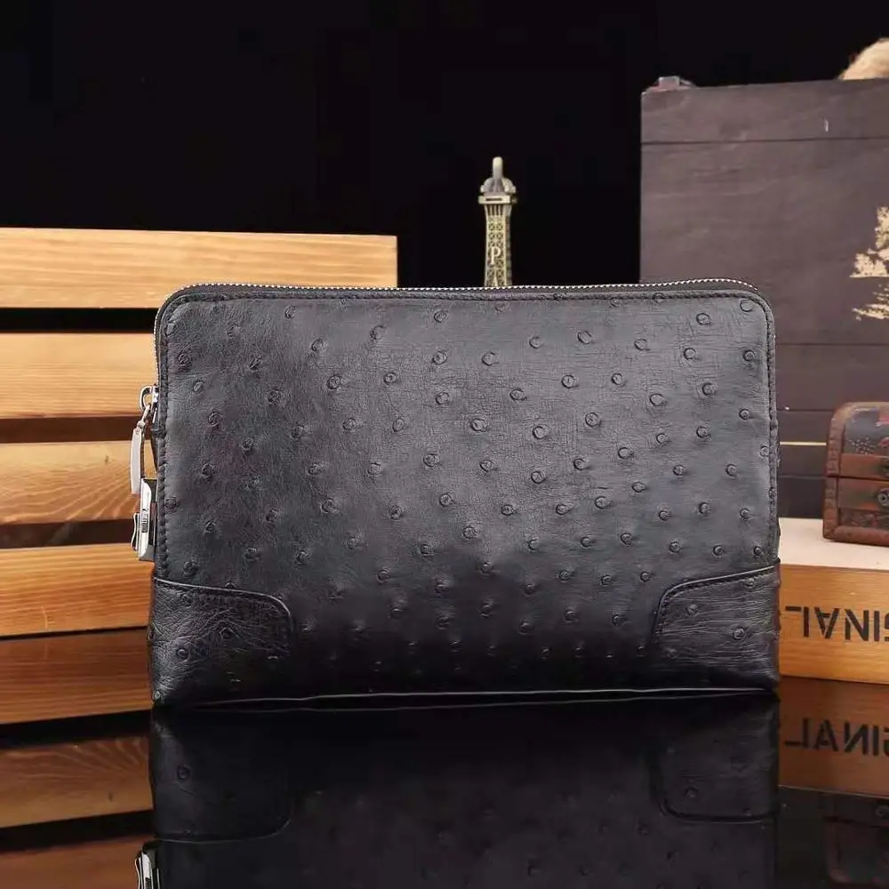 

Vintage Branding Real Ostrich Leather Enevelop Code Lock Men Business Clutch bags Handbags