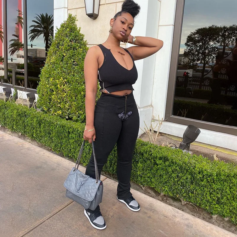 

Summer sleeveless side zipper t-shirt butterfly print fit pants women sexy 2 piece set