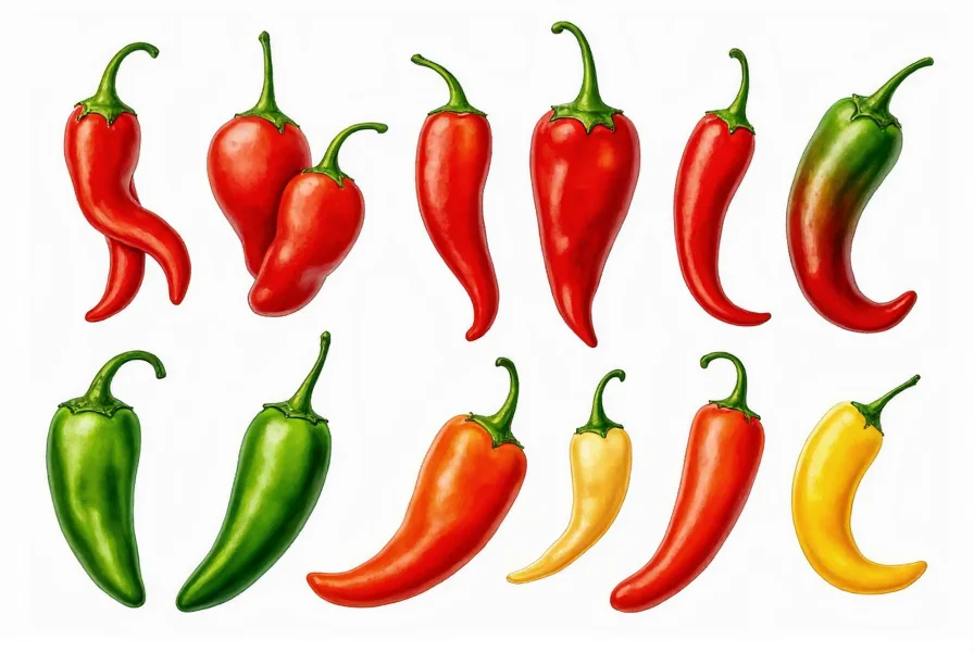 Collection of different chili pepper varieties in vector format including jalapeno, habanero, and serrano peppers with transparent background