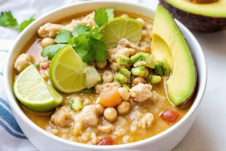 White chicken chili served in bowl with avocado, lime wedges, and cilantro garnish