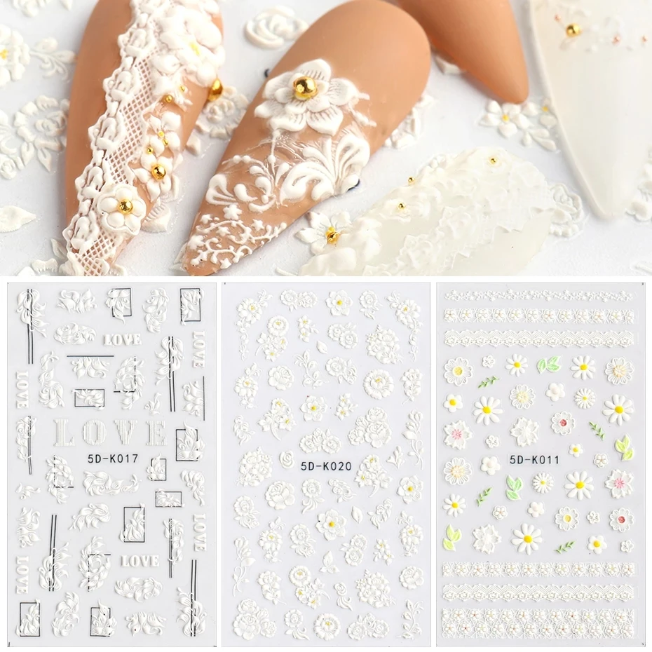 

OEM White Embossed Flower Lace 5D Sticker Decal Wedding Nail Art Floral Butterfly Japanese Manicure Decoration