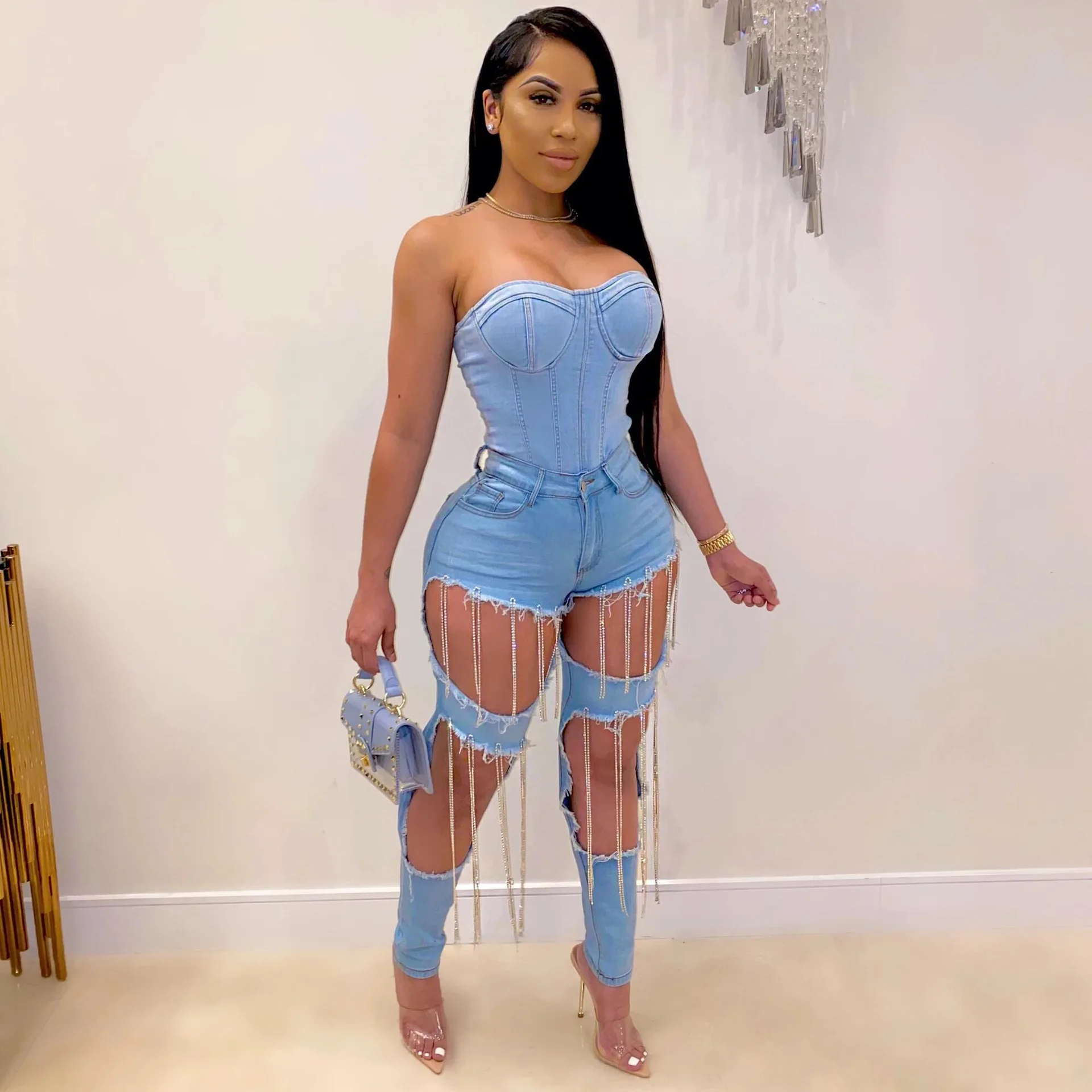 

2021 Latest Design High Waist Blue Ripped Chain Women's Jeans, As pictures