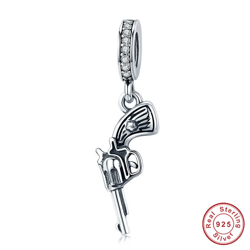 

Vintage Punk Gun Pendant Beads Women 925 Sterling Silver White CZ Cute Little Handgun Charms fit Trendy Bracelet New Collection