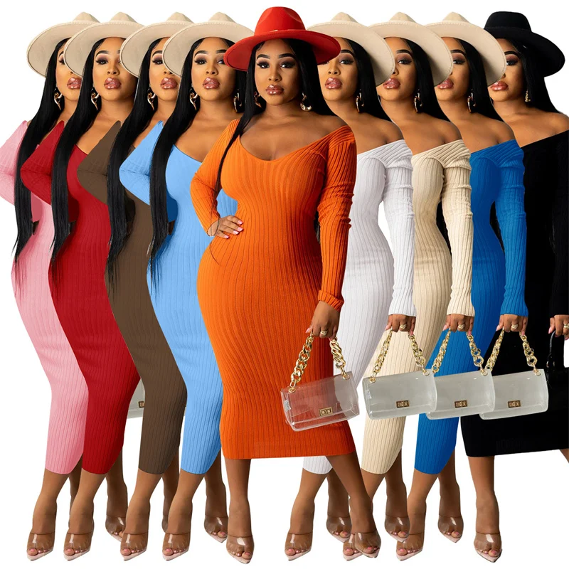 

New Fashion Ribbed V Neck Ladies Evening Dresses Bridesmaid Dresses Plus Size Long Sleeve Midi Dress, As picture