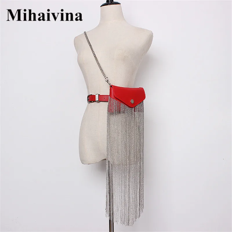 

Leather Fanny Pack Chain Hip Hop Shoulder Bag Metal Tassel Belt Bags Women Handbags 2019 Waist Bag, Black/red/pink