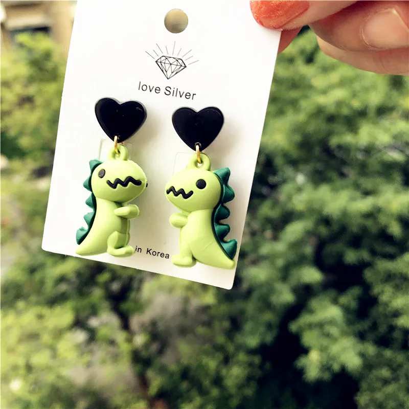 

3 Colors New Cute Kawai Dinosaur Drop Earrings Silicone Lovely Cartoon Love Heart Earrings Funny Creative Women Girls Jewelry, Customized color