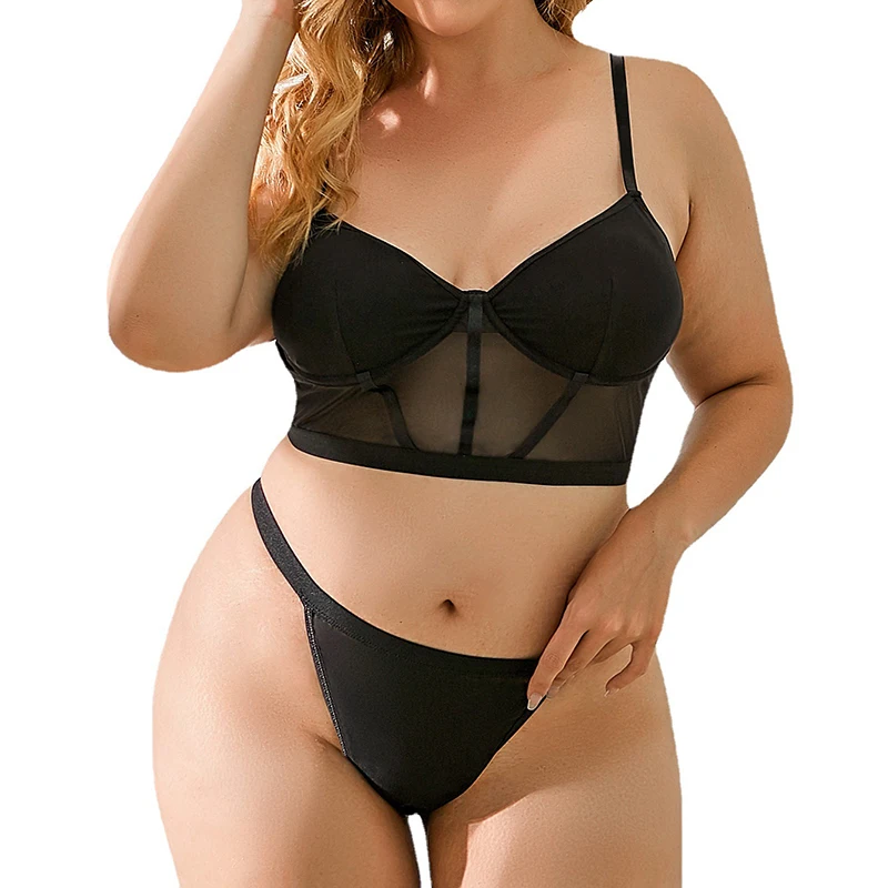 

Simple Design High Elastic Mesh Plus Size Lingerie Women Panty and Bra, Black