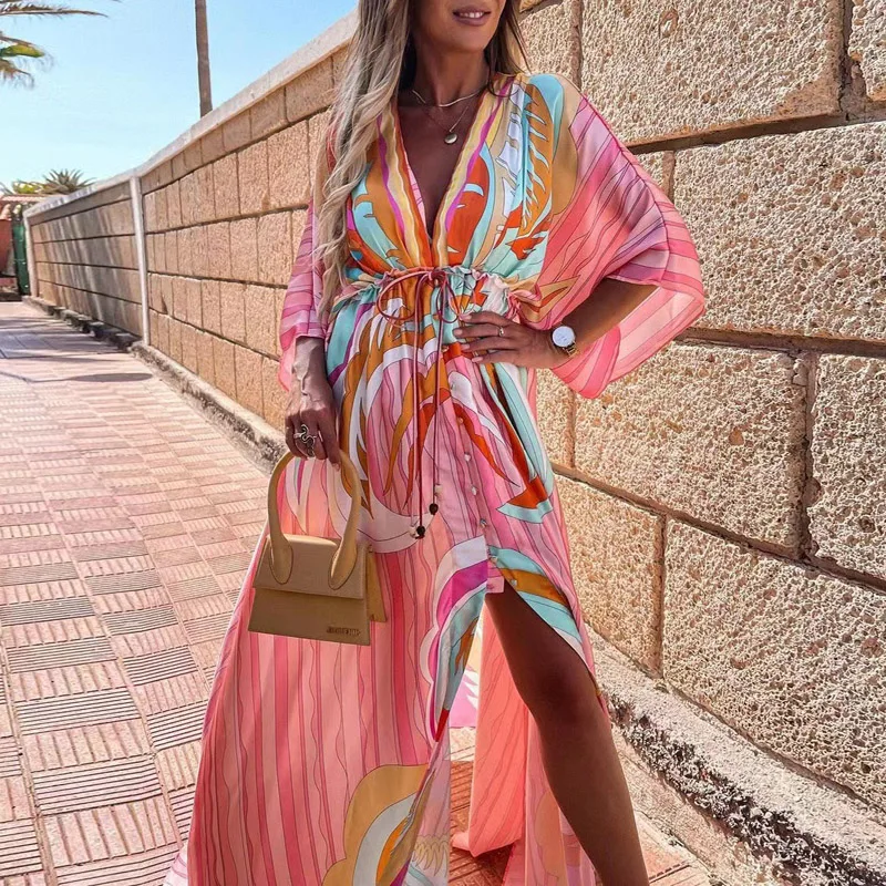 

2021 Women Gorgeous Print Hem Maxi Dress Summer Boho Deep V Button Party Dresses Elegant Slit Elastic Waist Beach Long Dress XXL, As show