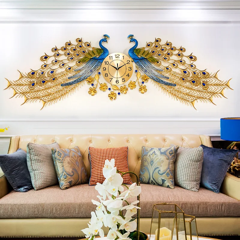 

3D Resin High Quality Home Decor Peacock Clock Wall Large Luxury, Gold,blue