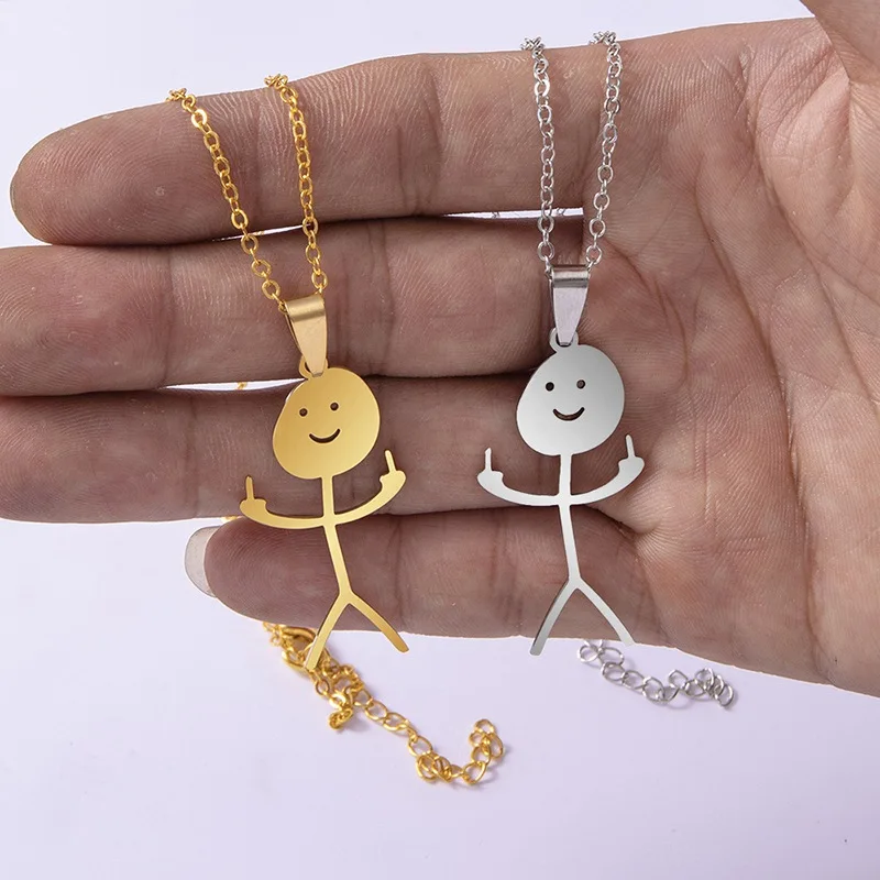 

Stainless Steel Middle Finger Stickman Pendant Necklace Funny Doodle Necklaces For Men Women