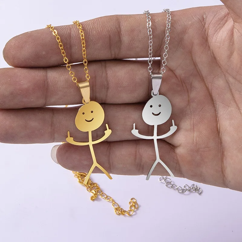 Stainless Steel Middle Finger Stickman Pendant Necklace Funny Doodle Necklaces For Men Women