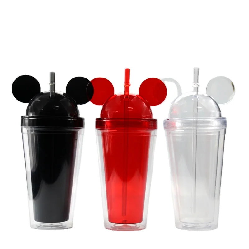 

2021 Summer  Mickey Minnie Acrylic Water Bottles Double Wall Acrylic Cup BPA Free Plastic Tumbler Cups With Lid And Straw