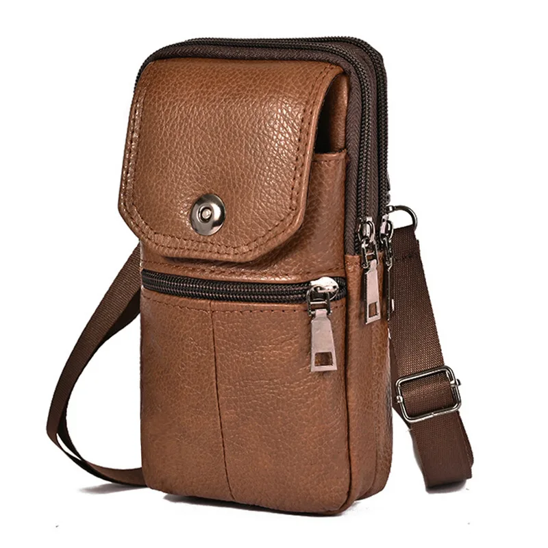 

Genuine Leather Men's Messenger Bag Mobile Phone Pouch Men Wallet Small Travel Waist Bag Male Multi-Pockets Chest Bag