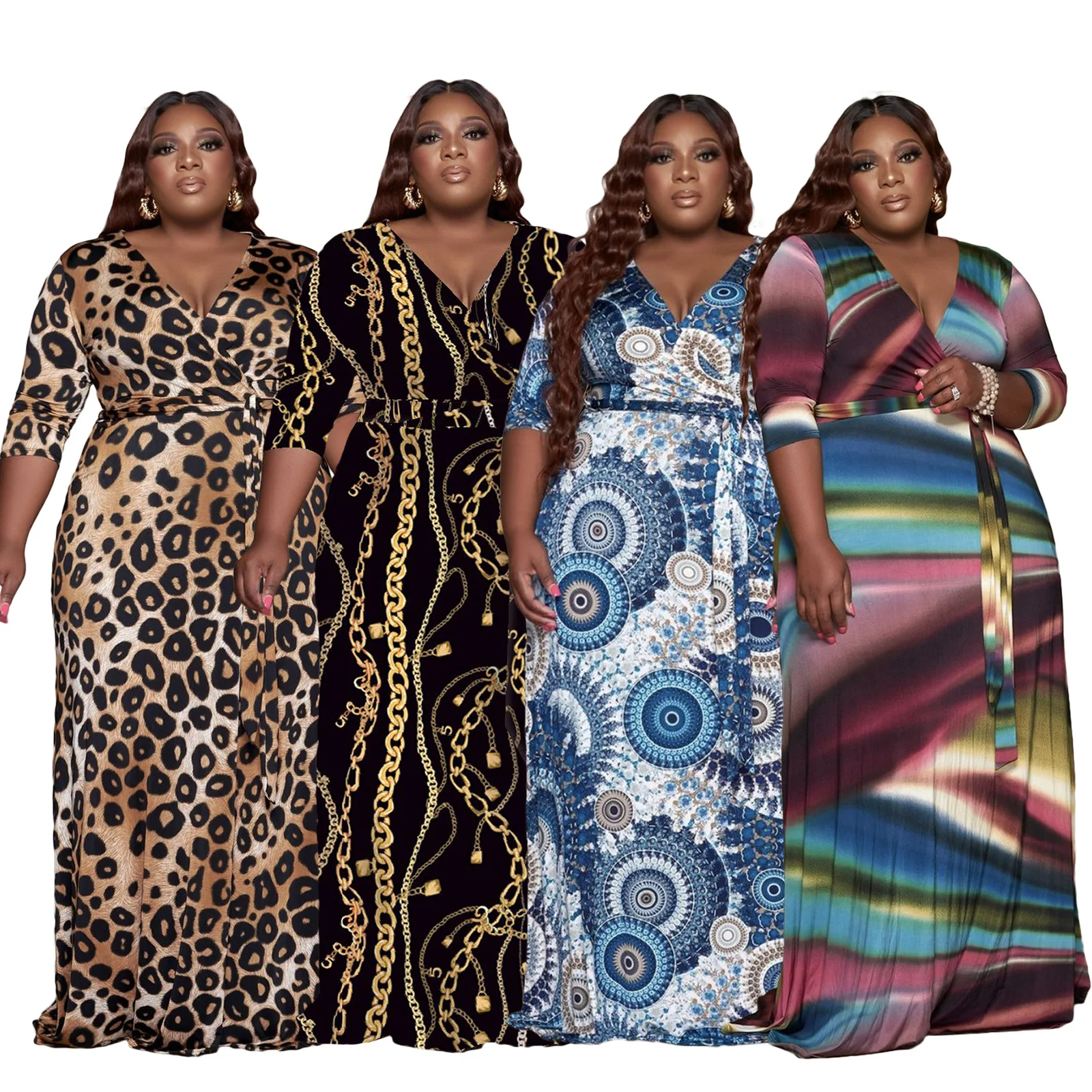 

Plus Size Women Clothing robe Africain Chain Printed Long Sleeve Elegant Maxi Plus Size Women's Dresses