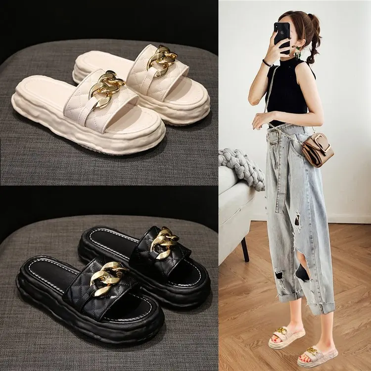 

Fashion Flat Bottom Metal Chain Shoes Lady Slides Slippers for Women and Ladies Arket Woman's Sandals