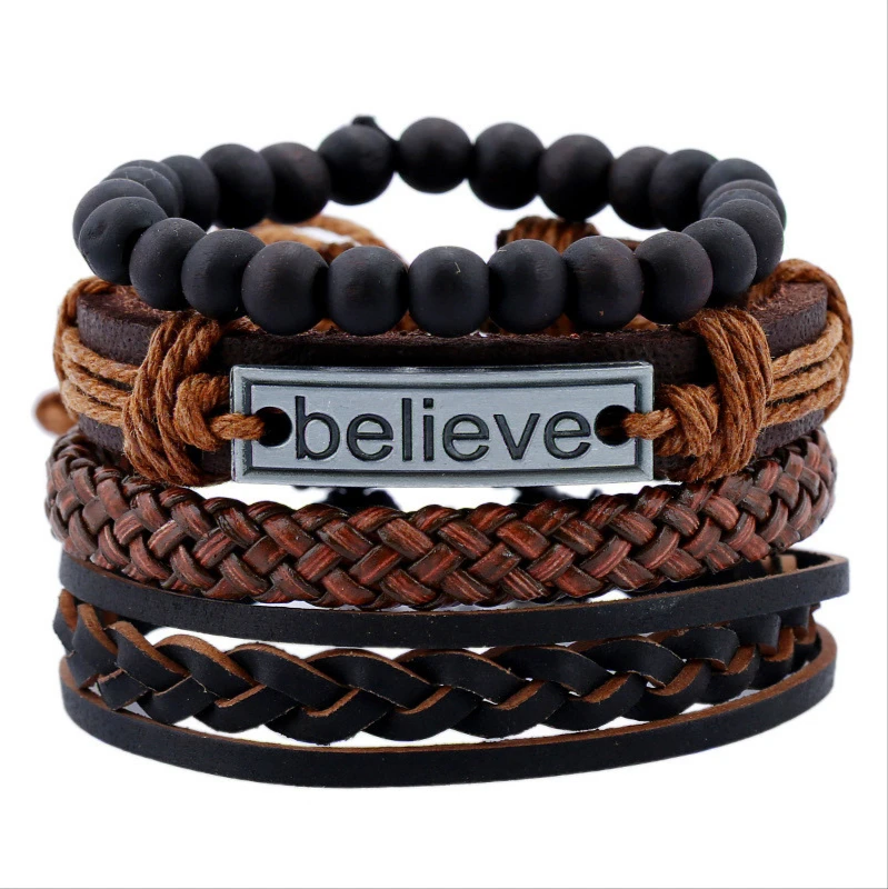 

4Pcs Vintage Leather Bracelets Set Men Women Jewelry Believe Bracelet Beads Braclet Male Braslet Femme Pulseras XL001