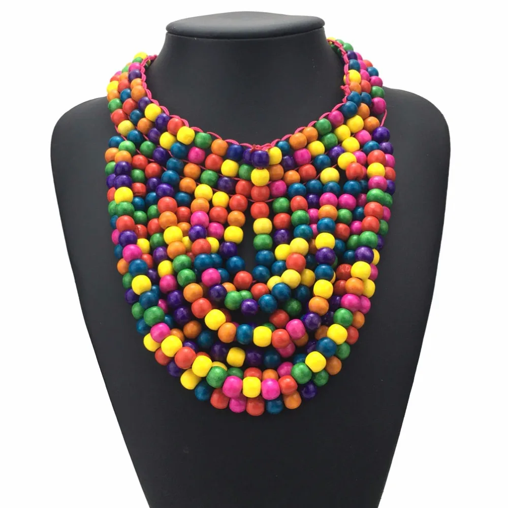 

Boho statement bib wooden beads necklaces fashion jewelry african handmade multi layered beaded necklace collars accessories, Multicolor, blue, yellow