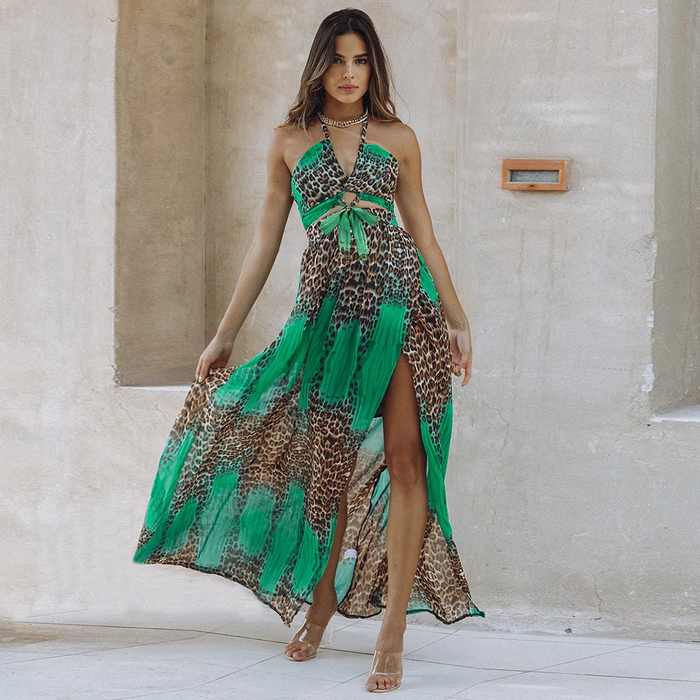 

New product ideas 2022 Sexy leopard print halter dress Amazon temperament chiffon big bohemian long casual dresses, Customized color/as show