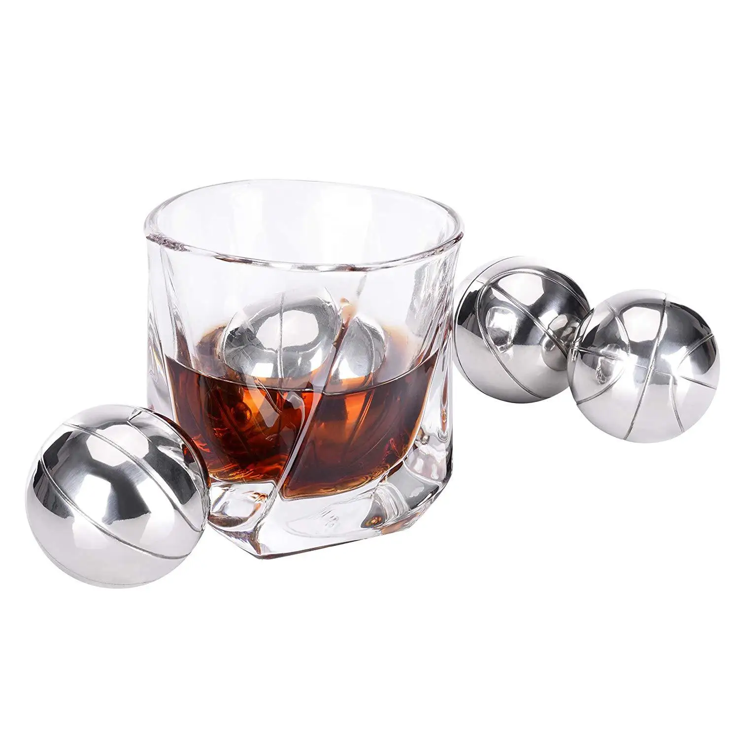 

Hot seller 6 pcs chilling stone stainless steel ball ice cube and reusable whiskey basketball stone set, Silver