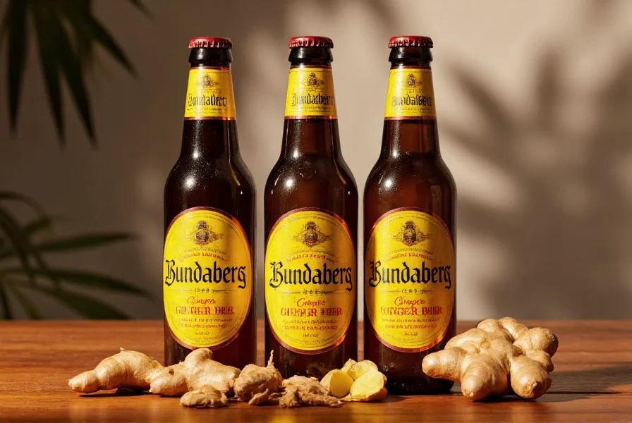 Bottles of Bundaberg Ginger Beer arranged on wooden table with fresh ginger root