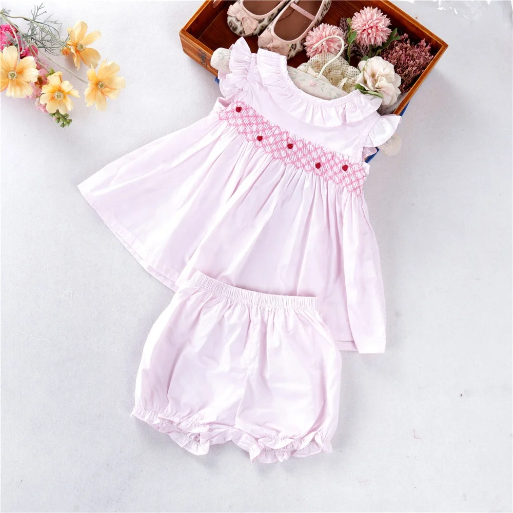 

C07768 summer kids clothes infant toddler baby clothing sets for girls smocked dress pink solid cotton ruffles children outfit