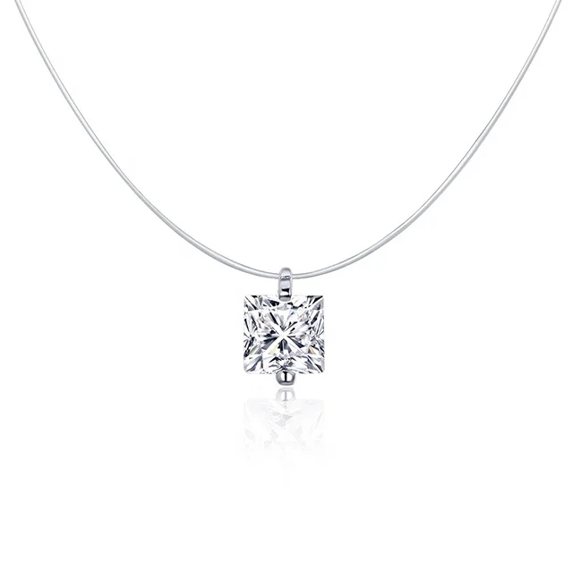 

Wholesale silver 925 women necklace invisible fishing line clavicle chain square zircon pendant necklace