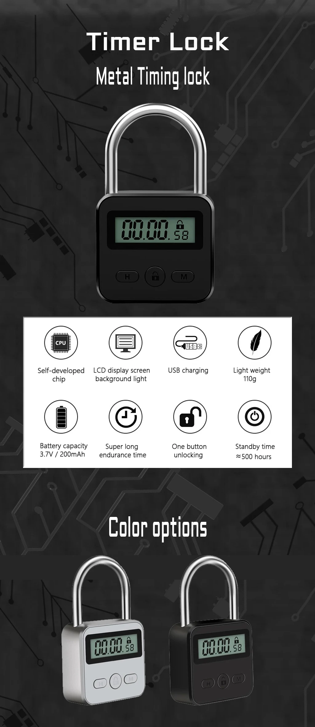 New Metal Time Lock Zinc Alloy 45mm Strong Timer Alarming Padlock With