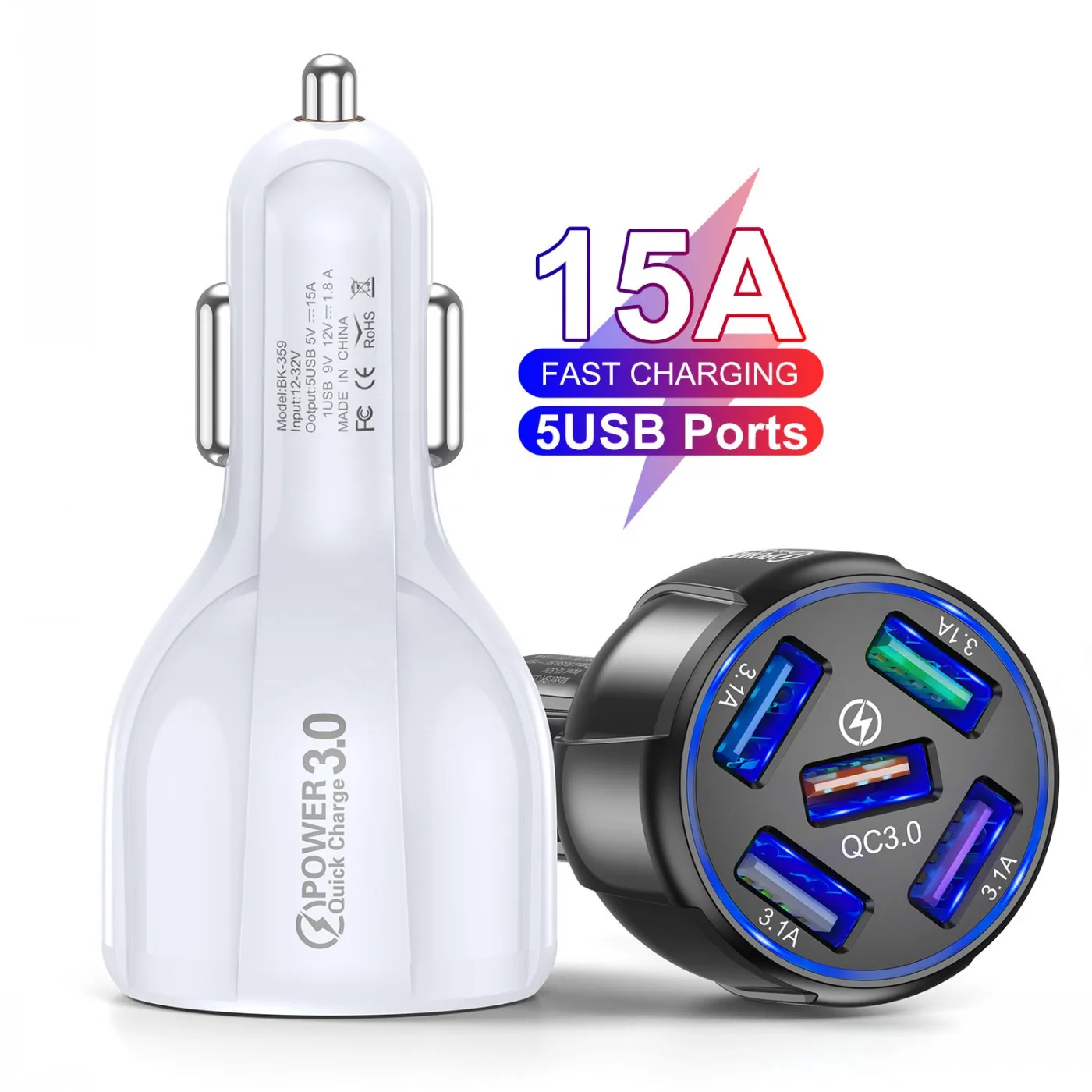 

5 Port Fast Charging Car USB Charger Quick Charge 3.0 LED Display USB Mobile Phone Car Charger For iPhone 11 12 Xiaomi 11