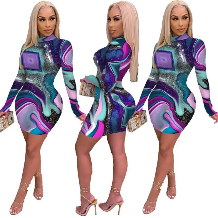 

MD-2021010430 Good Design Printed Long Sleeves Women Fashion Clothing Casual Dress Women Dresses Lady Elegant Ladies Short Dress