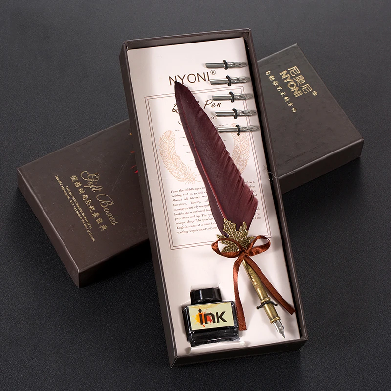 
Calligraphy quill ink dip set writing antique vintage feather pen and ink set 