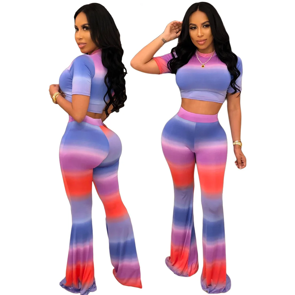 

Flare Pants Two Piece Set Women Short-Sleeved T-Shirt Tie-Dye Gradient Flared Pants Suit, Customized color