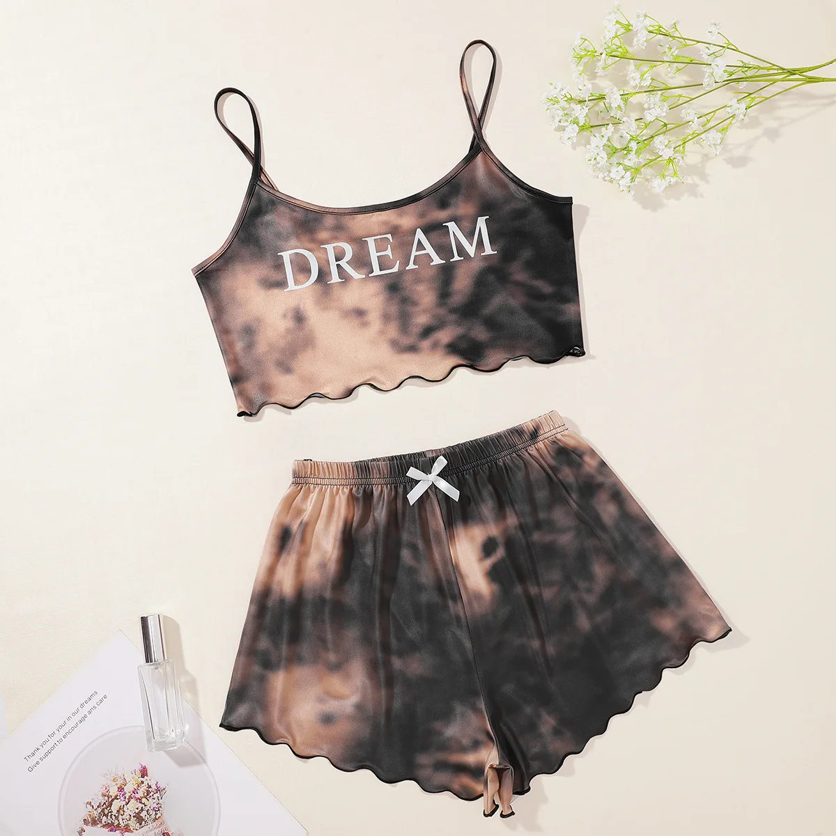 

High Quality Cotton Tie Dye Pajamas Vest And Shorts Two Piece Sets Sleepwear For Women, 1 colors