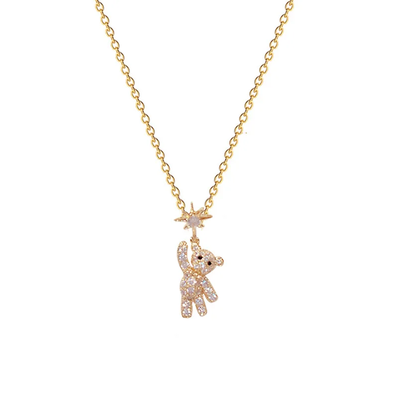 PUSHI luxury gold little bear stainless steel necklace woman hip hop style animal pendant necklace jewelry