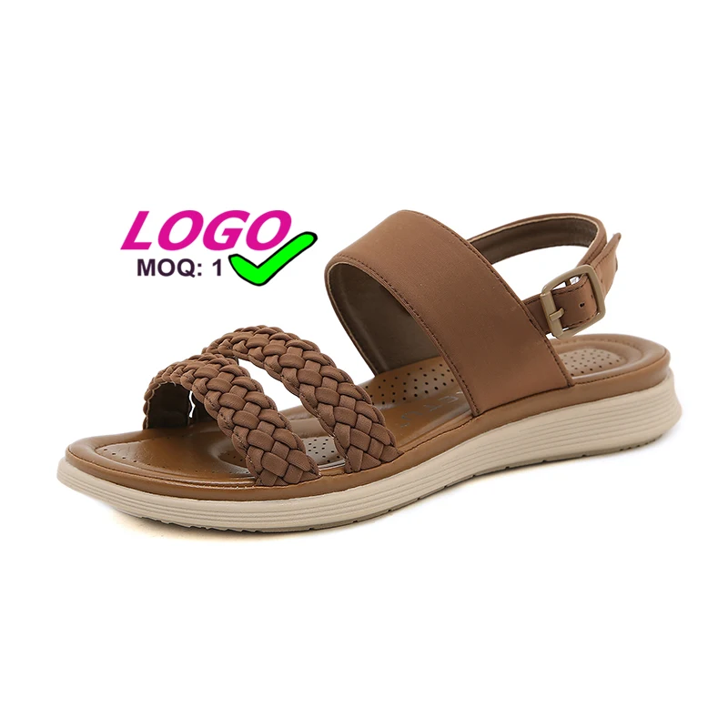 

Dropshipping New fashion retro double braided flat sandals PU insole comfortable lightweight sandals for women