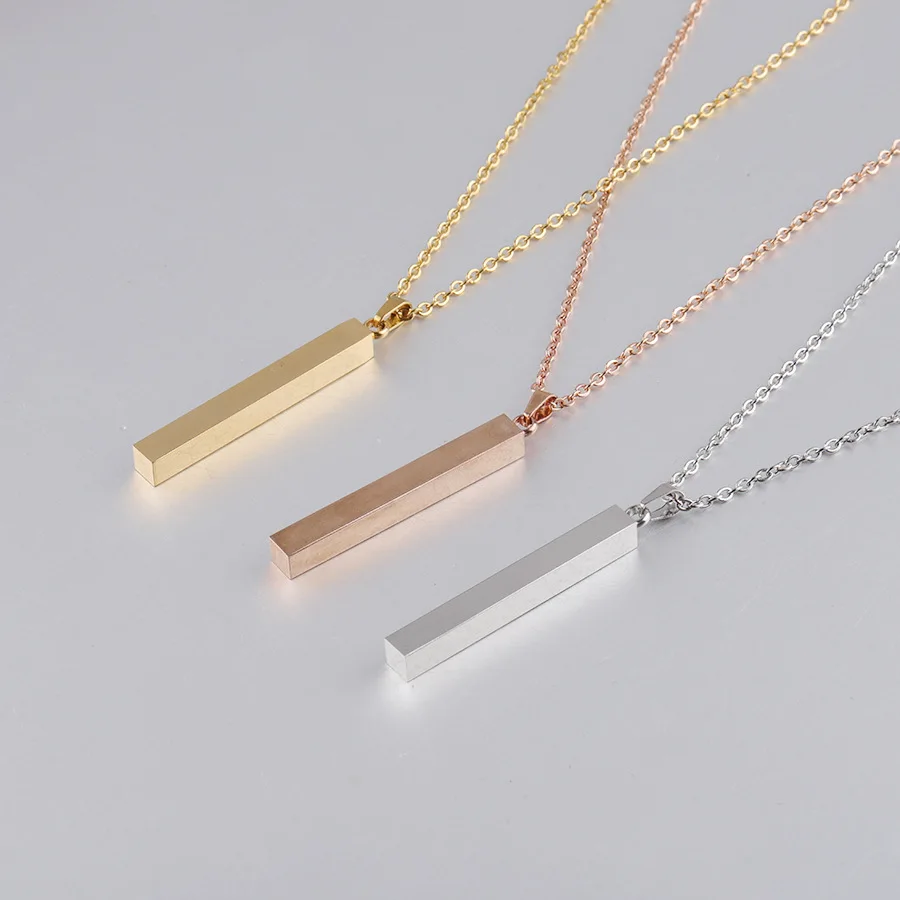 

Stainless Steel Engrave Vertical Bar Necklace 5*40mm Cubic Bar Customize Bar Necklace Gold Rose Gold for Men and Women, Gold +stainless steel+silver