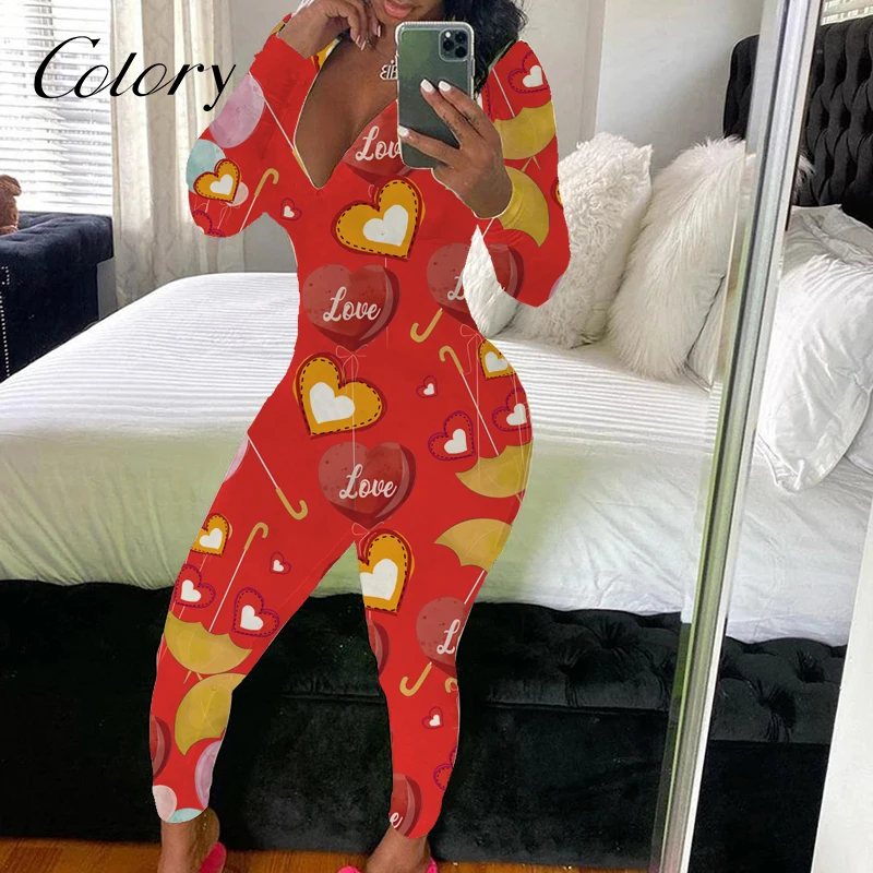 

Colory Valentines Day Women Onesie Pajamas Long Sleeve Sexy Plus Size Printed Onesie, Picture shows
