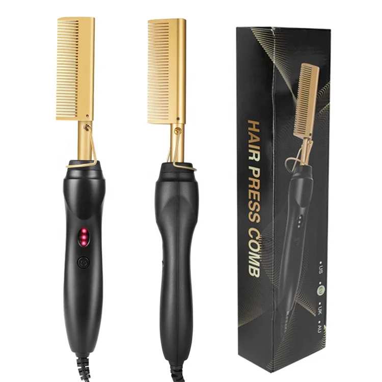 

2021 Hot 450F High Heat Ceramic Press Comb Hair Straightener Pressing Electric Hot Comb, Gold