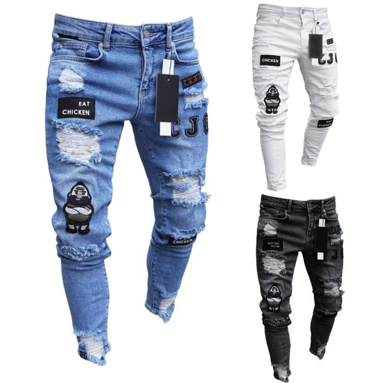 

New Italy Style Men's Badge Pants with Holes Art Patches Slim Feet Trousers Biker Men Jeans Pants, Picture color
