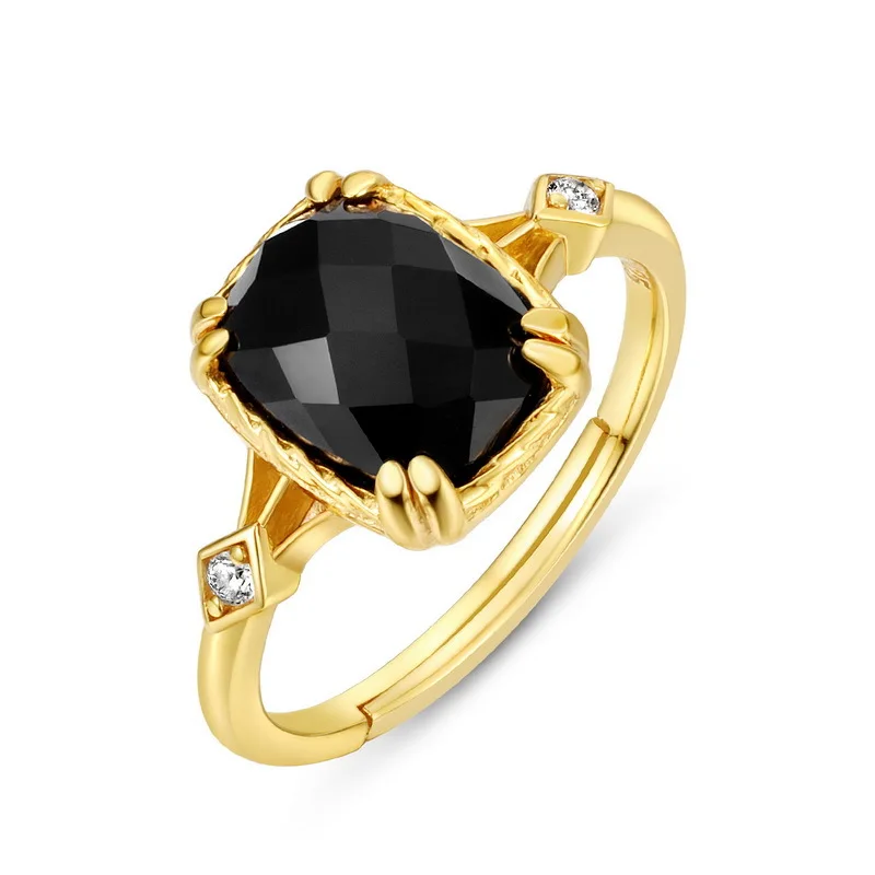 

wholesale vintage black stone rings for women geometric gold plated 925 sterling silver ring, Gold color