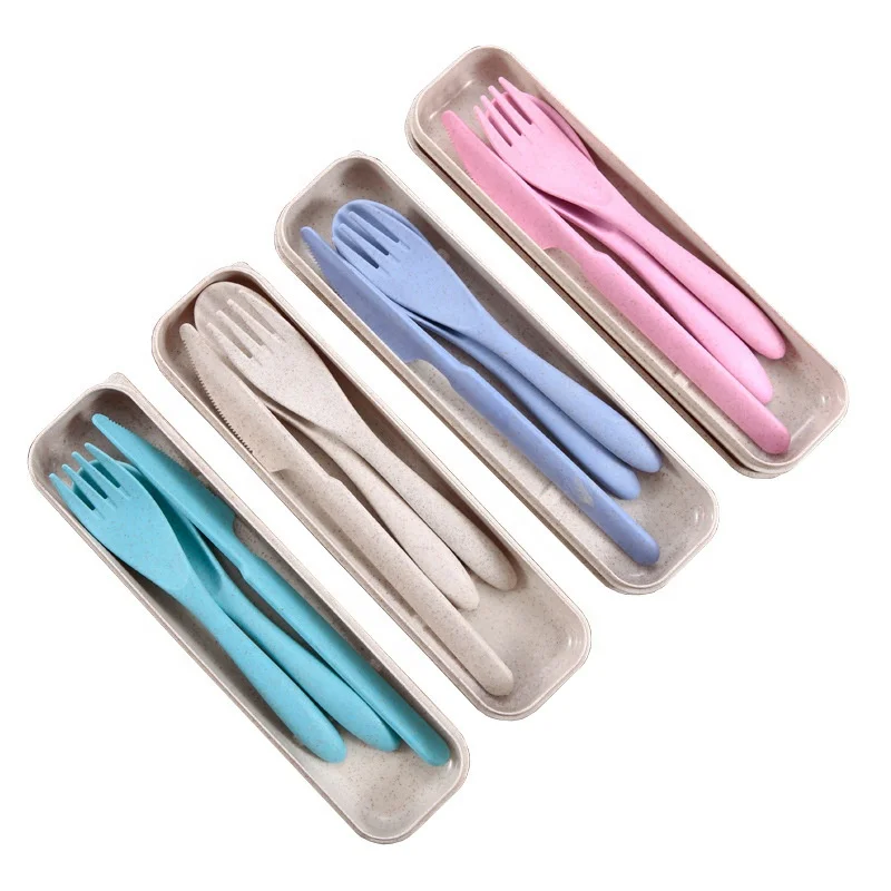 

3pcs/set Travel Cutlery Portable Cutlery Box Japan Style Wheat Straw Knife Fork Spoon Student Dinnerware Sets Kitchen Tableware