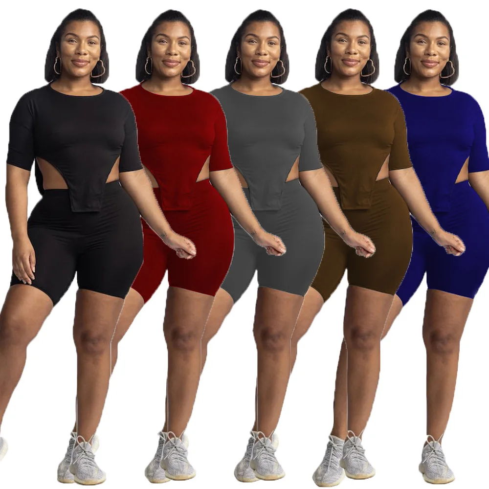 

2021 Wholesale Woman Set Bodycon Solid Color Tshirt Tops Femme Round Neck Casual 2 Two Piece Suit Shorts Pants Women Clothing